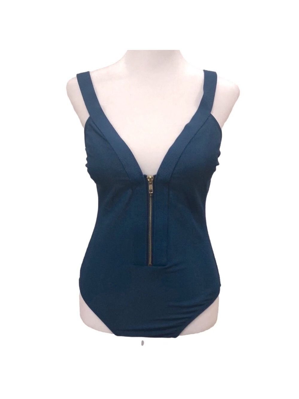 KONA Sol dark teal one piece swimsuit zipper front plunge neckline. Size S